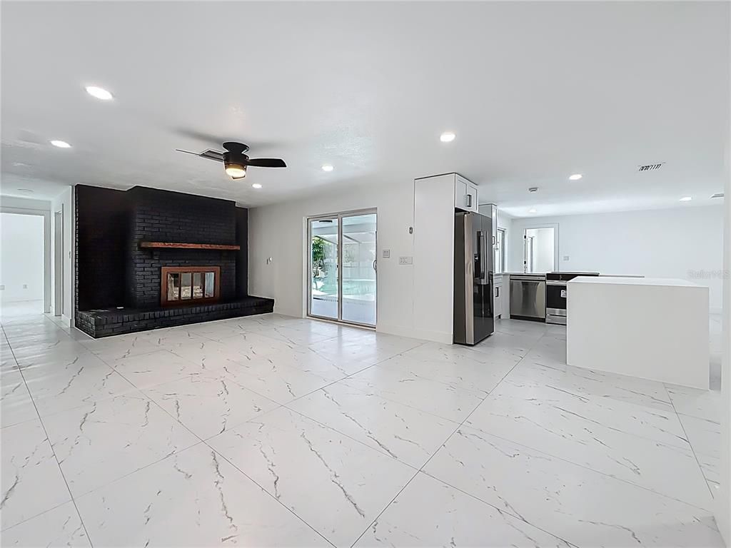 Empty room, Fireplace, Interior, Kitchen, Marble, Recessed Lighting