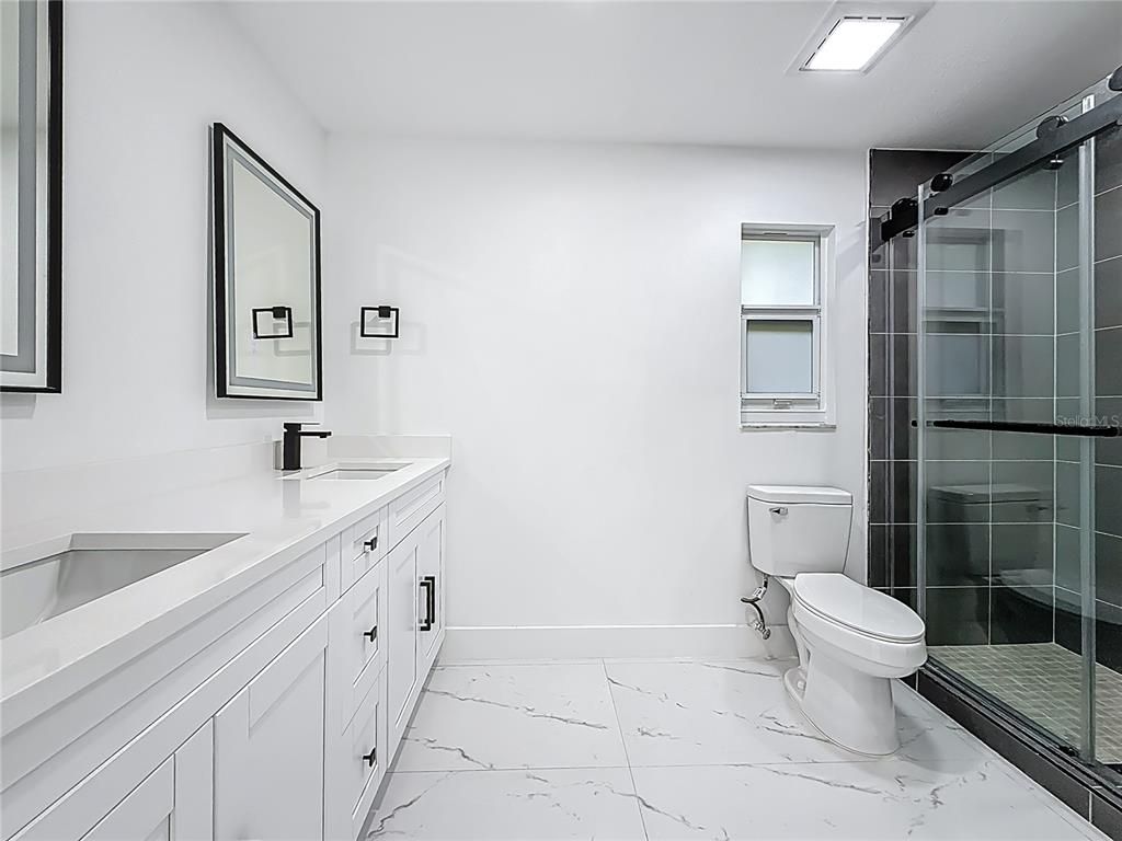 Bathroom, Dual Sink Vanities, Glass Shower, Interior, Marble