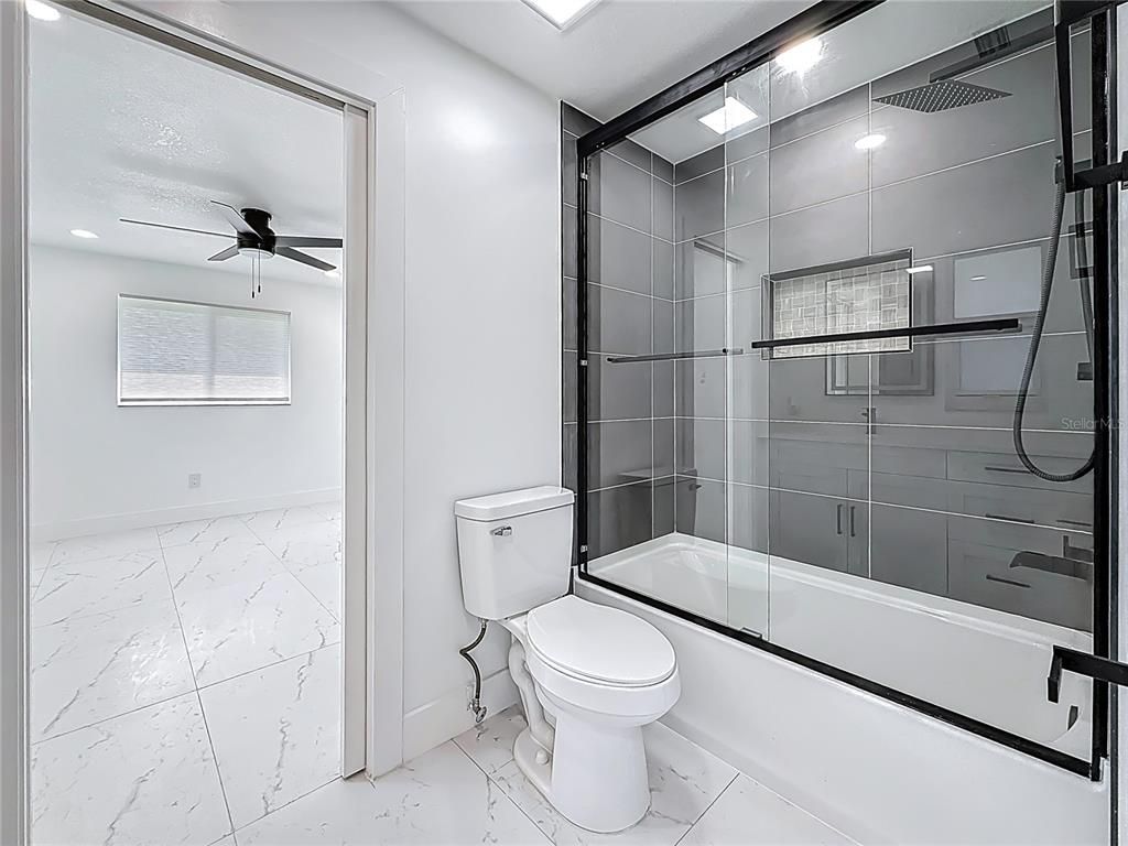 Bathroom, Glass Shower, Interior, Marble, Recessed Lighting
