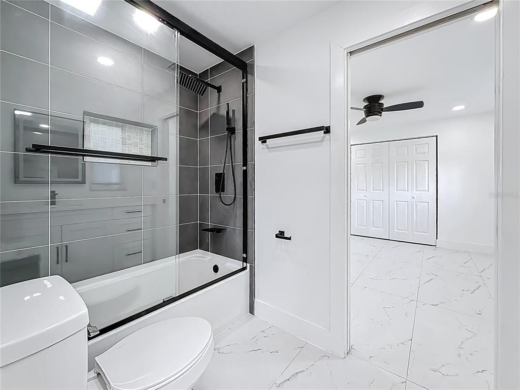 Bathroom, Glass Shower, Interior, Marble, Recessed Lighting