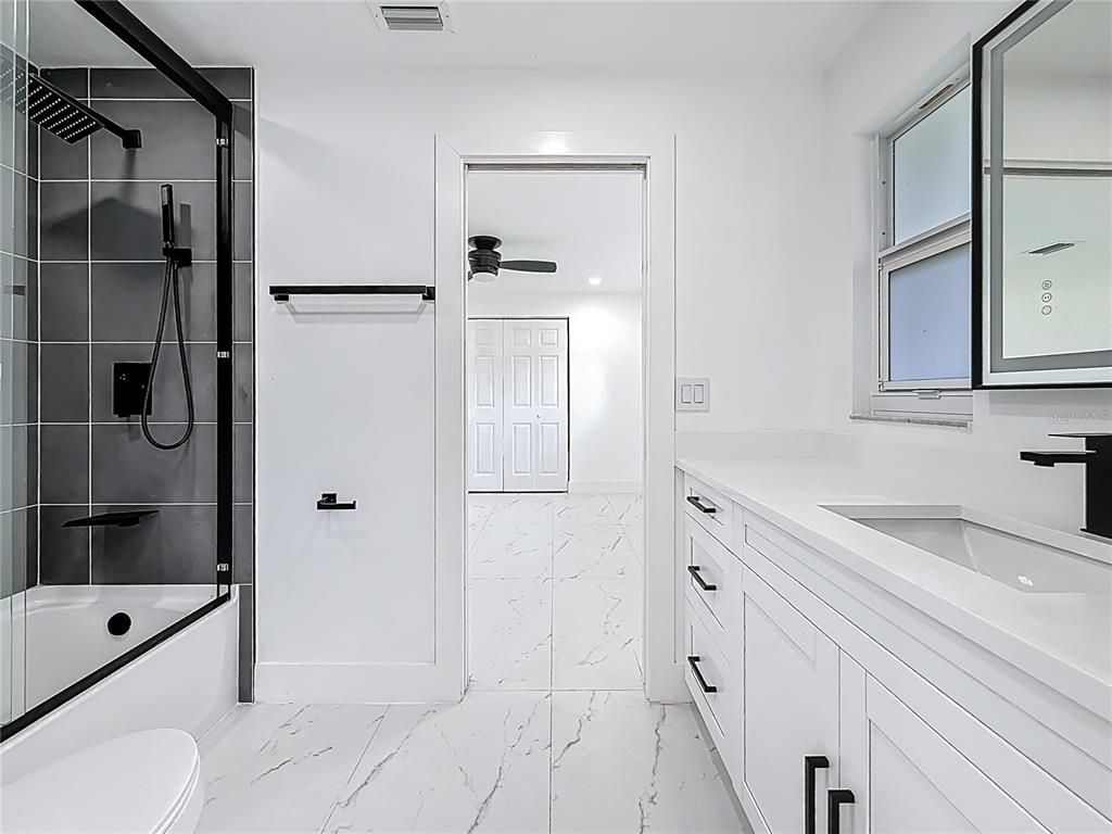 Bathroom, Dual Sink Vanities, Interior, Marble, Recessed Lighting