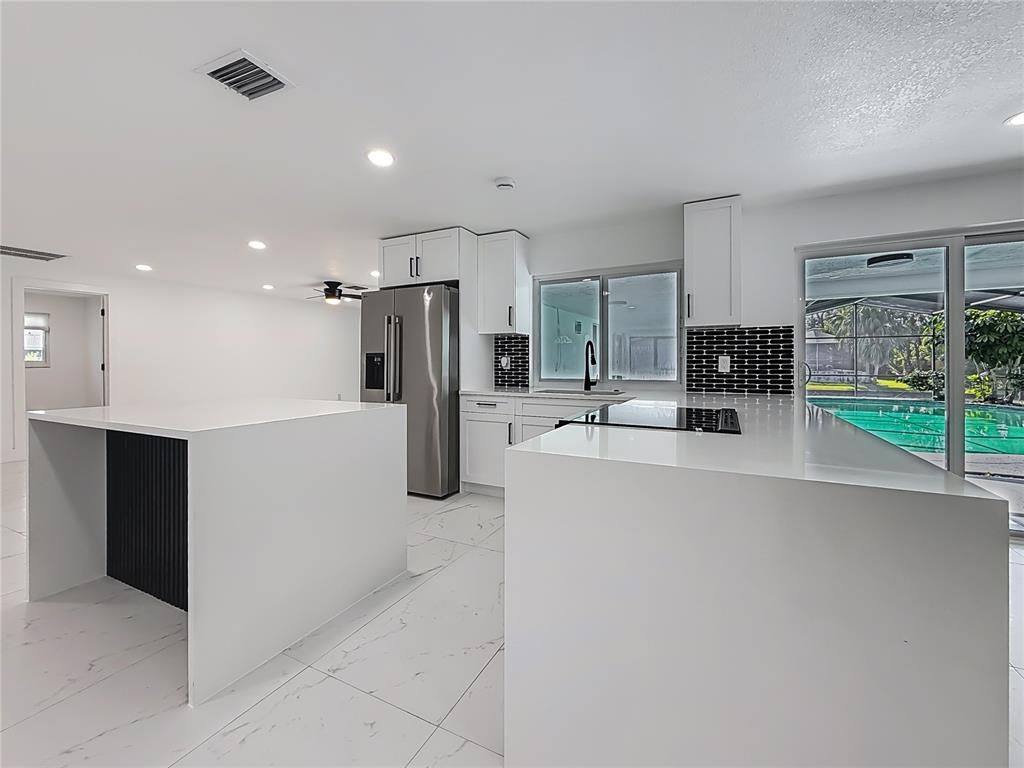 Interior, Kitchen, Marble, Recessed Lighting, Stainless Steel Appliances