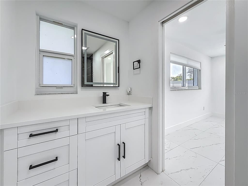 Bathroom, Dual Sink Vanities, Interior, Marble, Recessed Lighting