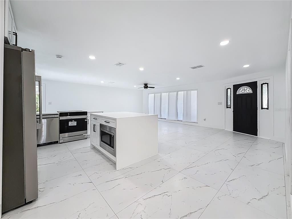 Interior, Kitchen, Marble, Recessed Lighting, Stainless Steel Appliances