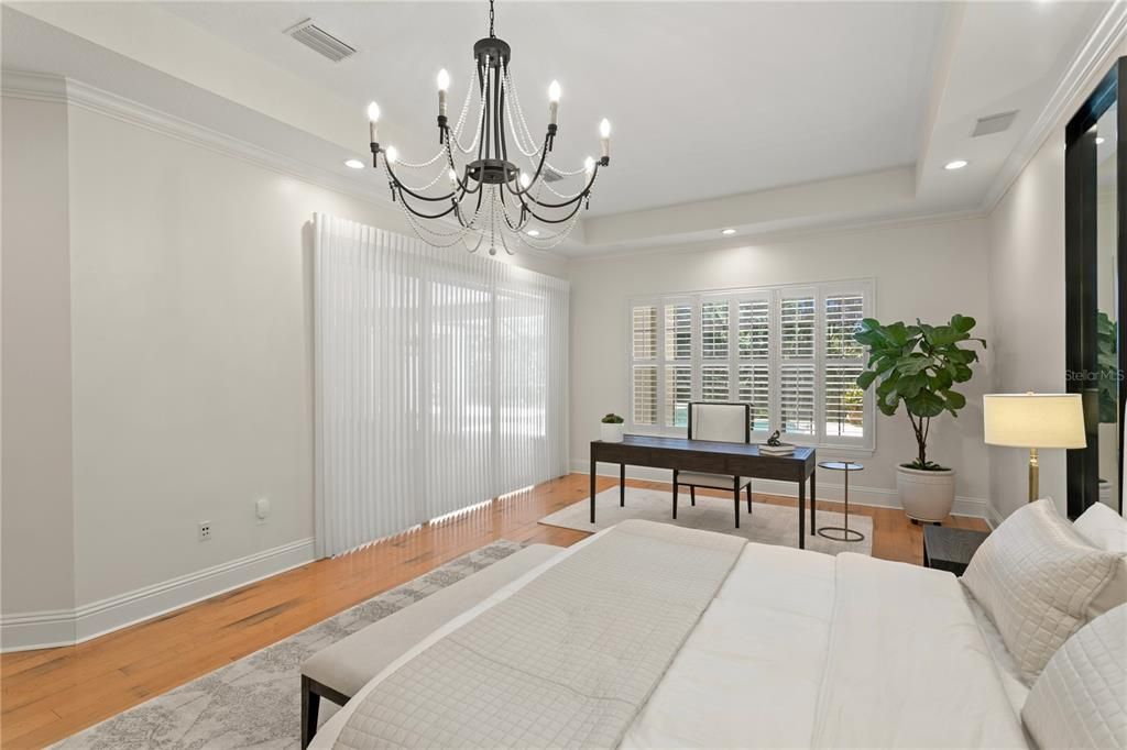 Bedroom, Chandelier, Home Office, Interior, Recessed Lighting, Wood Texture Flooring