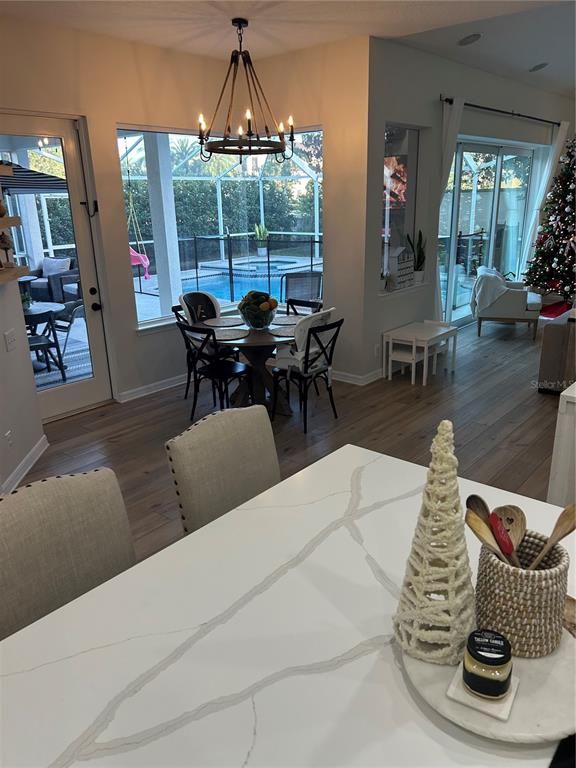 Chandelier, Dining room, Interior, Pendant Lights, Wood Texture Flooring