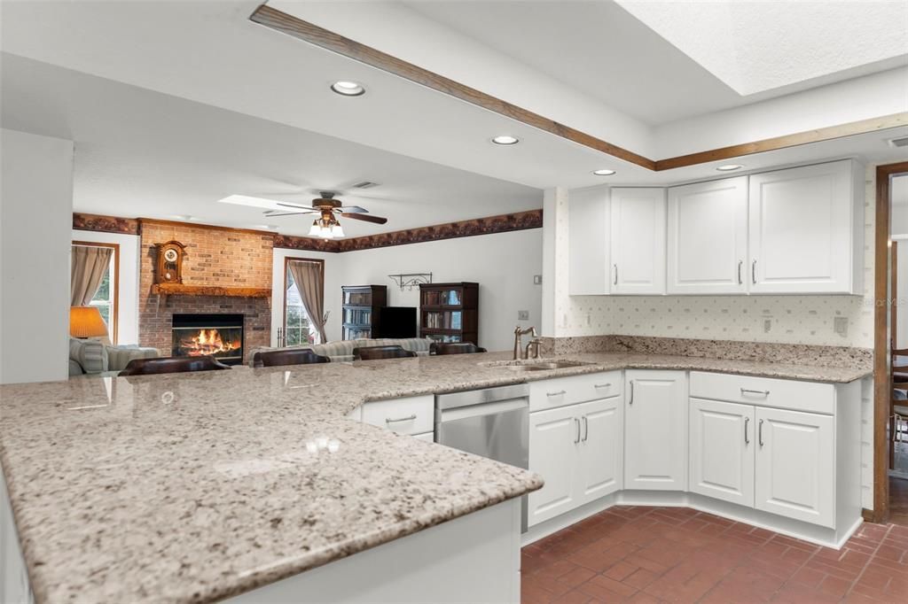 Fireplace, Interior, Kitchen, Recessed Lighting, Stone Walls