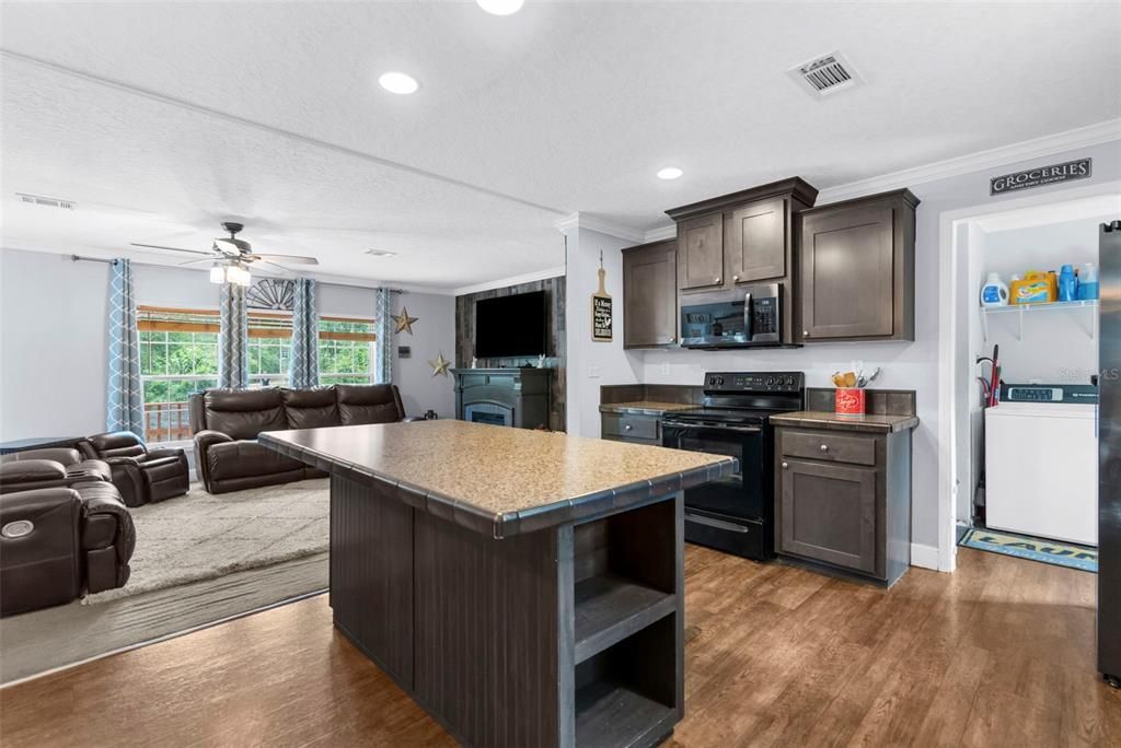 Home Theatre Room, Interior, Kitchen, Living room, Recessed Lighting, Wood Texture Flooring