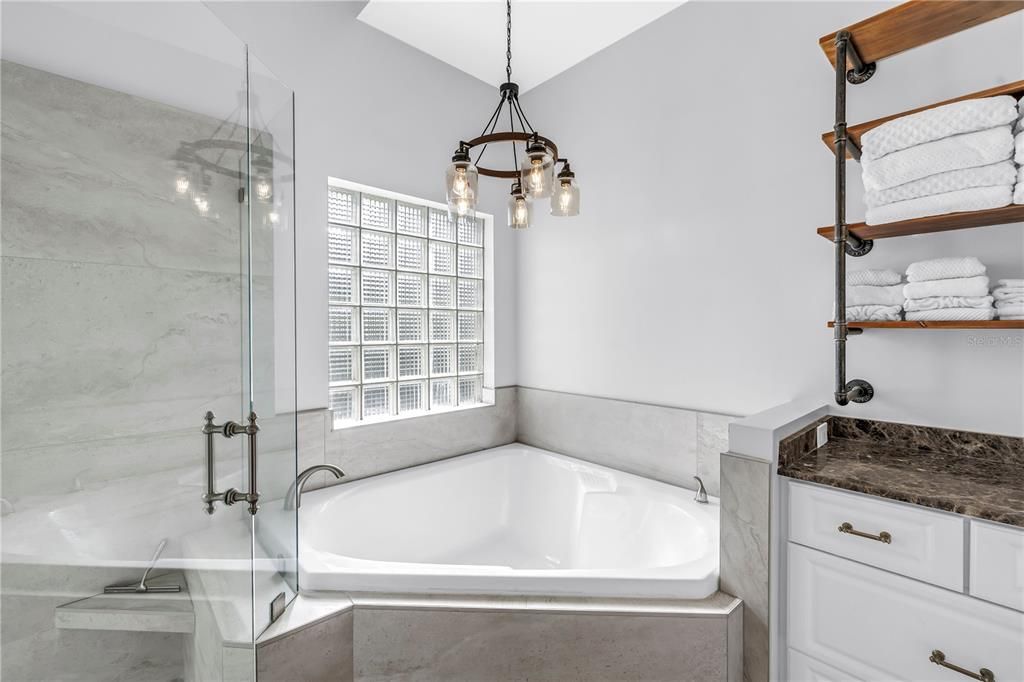 Bathroom, Glass Shower, Interior, Marble Walls, Pendant Lights