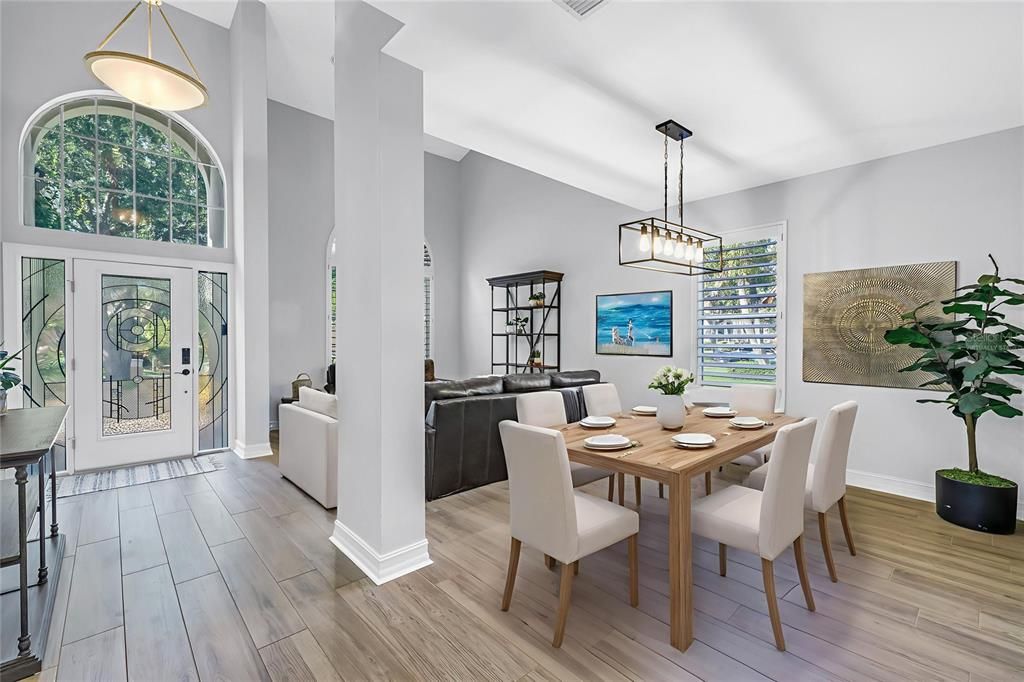 Dining room, Interior, Pendant Lights, Wood Texture Flooring