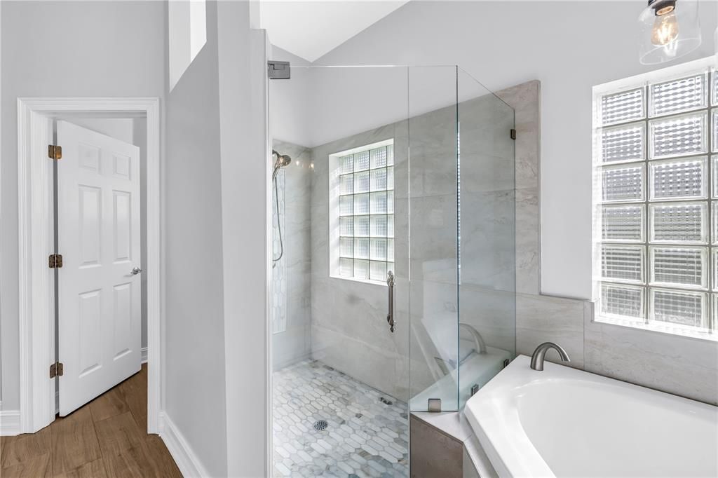 Bathroom, Glass Shower, Interior, Wood Texture Flooring