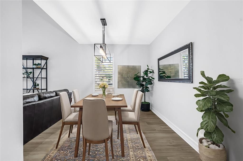Dining room, Interior, Pendant Lights, Wood Texture Flooring