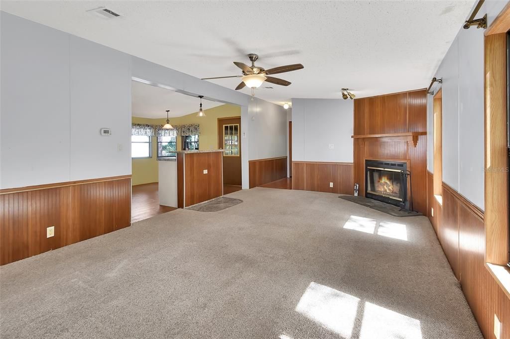 Empty room, Fireplace, Interior, Pendant Lights, Wooden Walls