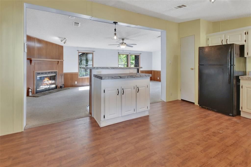 Fireplace, Interior, Kitchen, Wood Texture Flooring