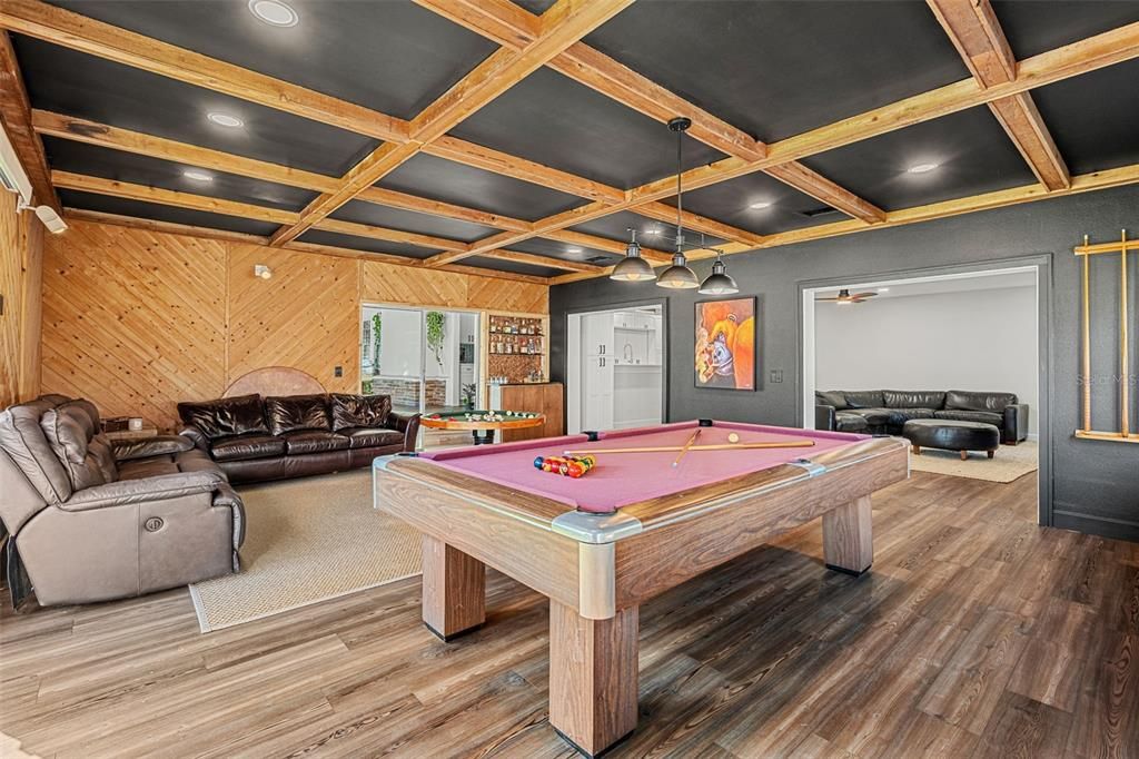 Billiard Table, Game Room, Interior, Living room, Recessed Lighting, Wooden Beams, Wood Texture Flooring, Wooden Walls