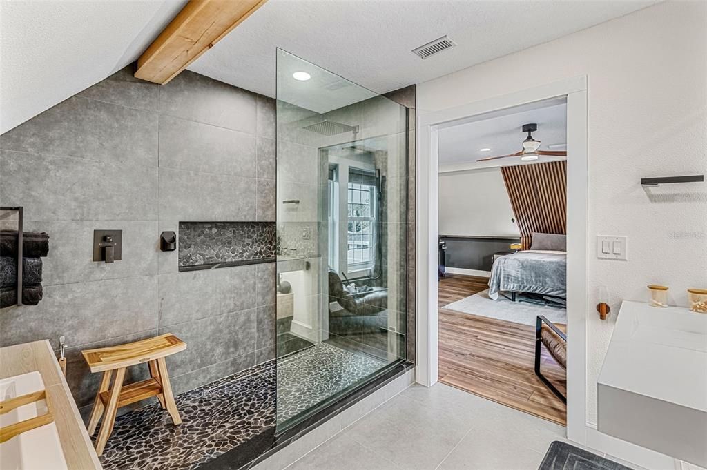 Bathroom, Bedroom, Glass Shower, Interior, Recessed Lighting, Wooden Beams, Wood Texture Flooring
