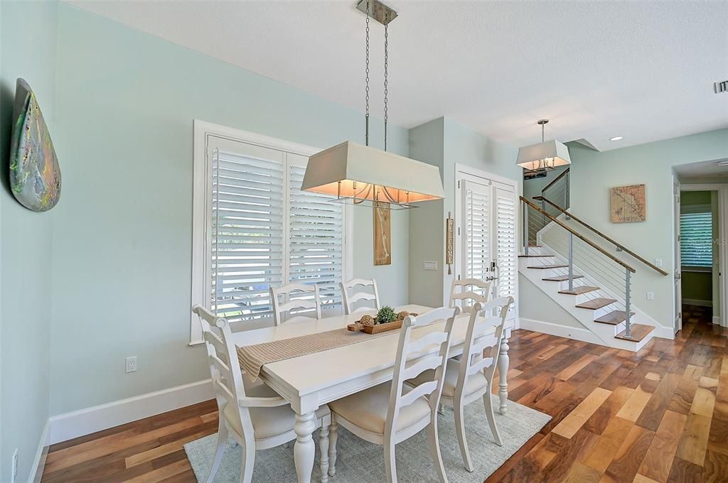 Dining room, Interior, Pendant Lights, Recessed Lighting, Wood Texture Flooring