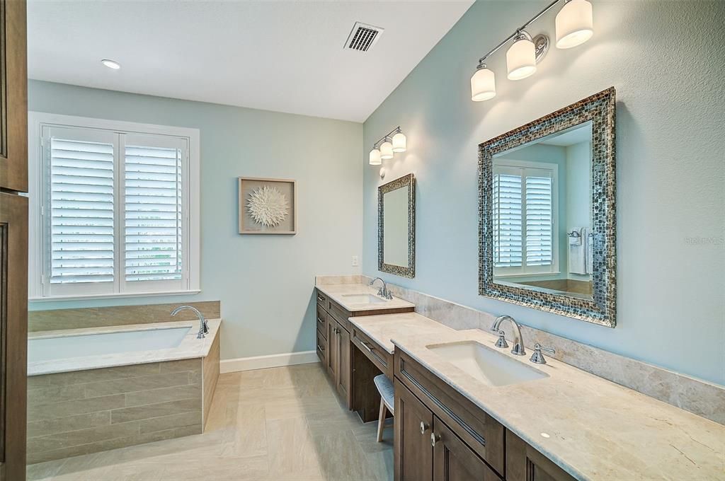 Bathroom, Dual Sink Vanities, Interior, Recessed Lighting, Wood Texture Flooring
