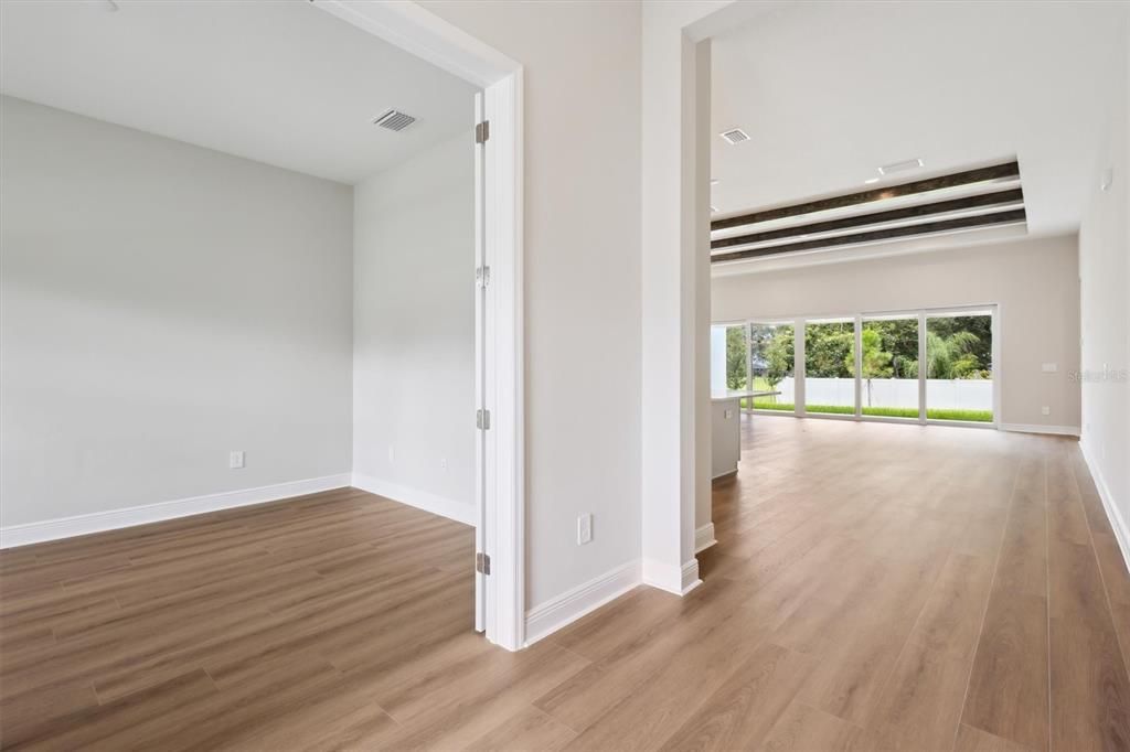 Empty room, Interior, Recessed Lighting, Wood Texture Flooring