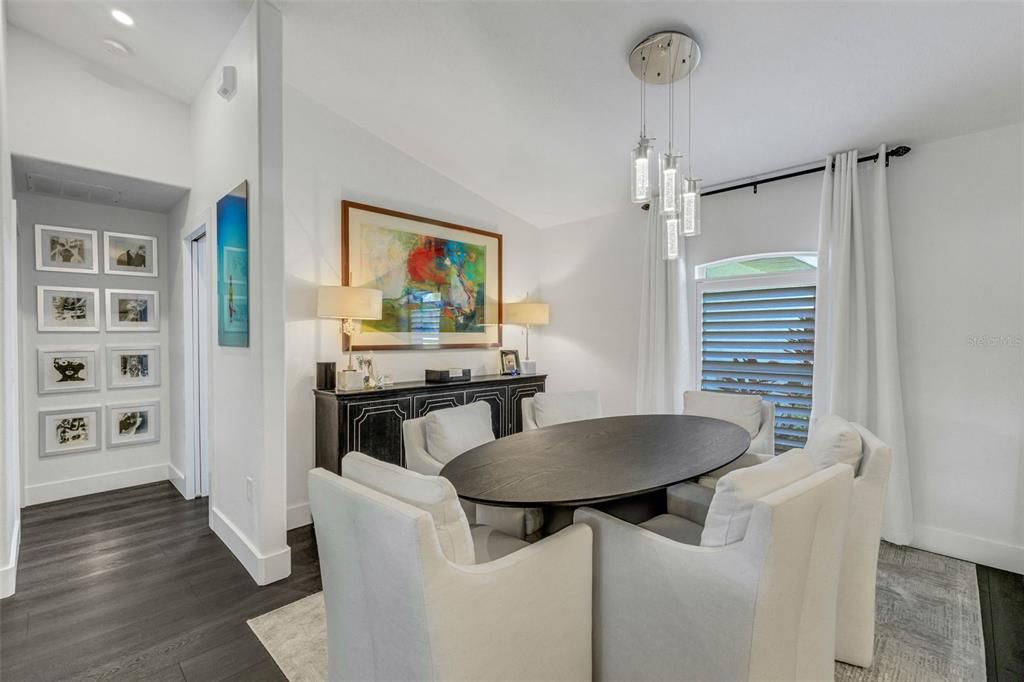 Dining room, Interior, Pendant Lights, Recessed Lighting, Wood Texture Flooring