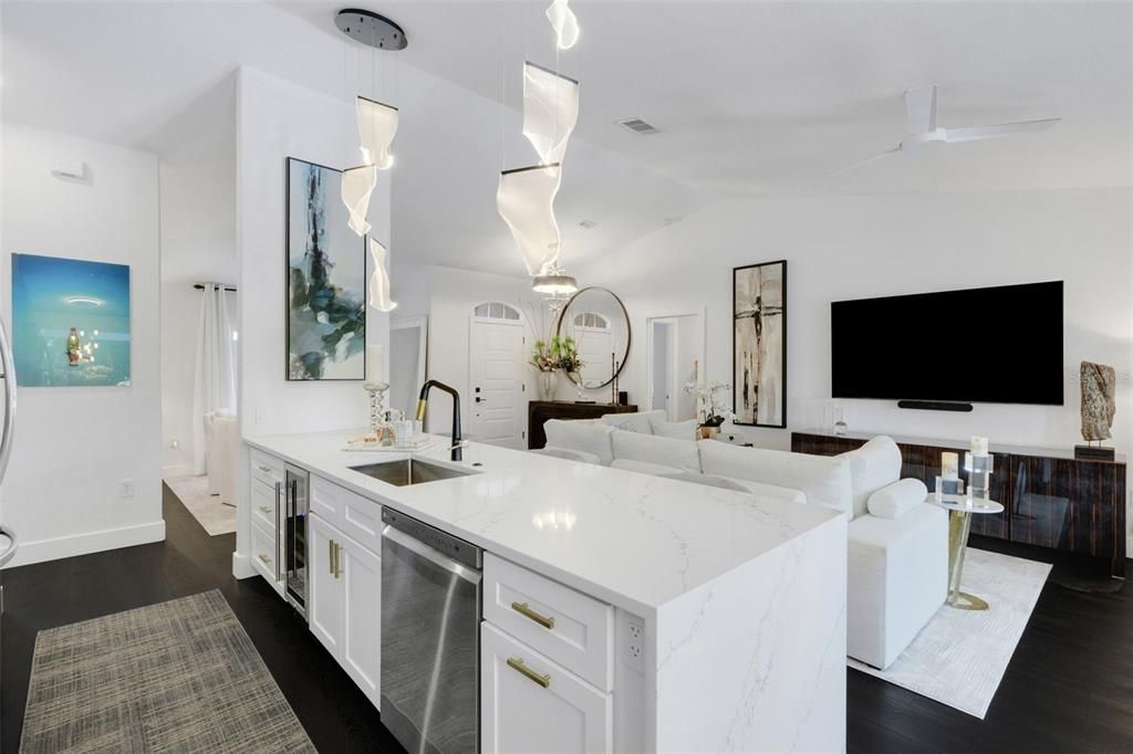 Interior, Kitchen, Pendant Lights, Wood Texture Flooring