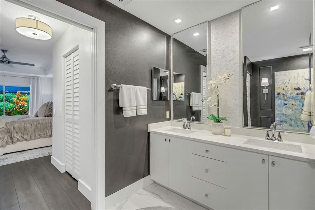 Bathroom, Bedroom, Dual Sink Vanities, Interior, Marble, Recessed Lighting, Wood Texture Flooring