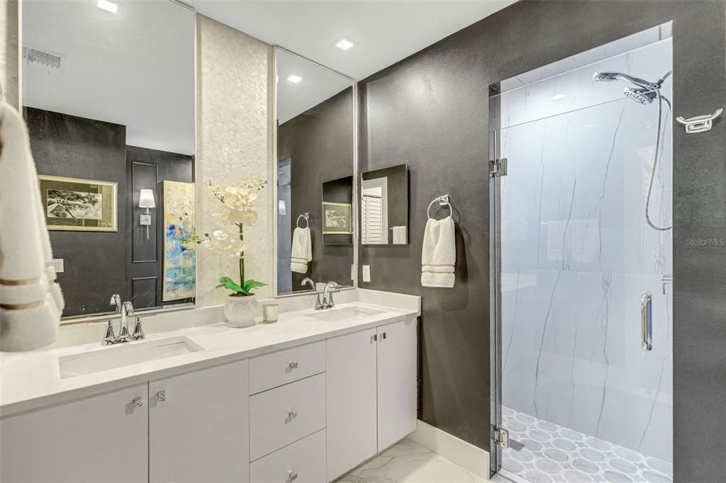 Bathroom, Dual Sink Vanities, Glass Shower, Interior, Marble, Recessed Lighting