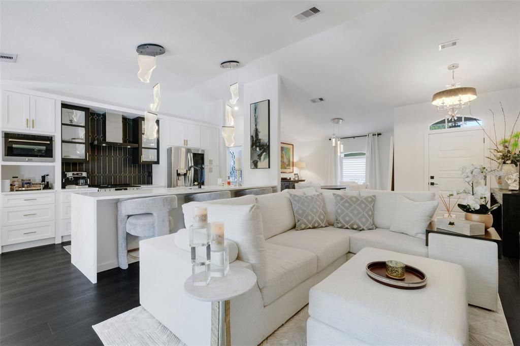 Interior, Kitchen, Living room, Pendant Lights, Stainless Steel Appliances, Wood Texture Flooring