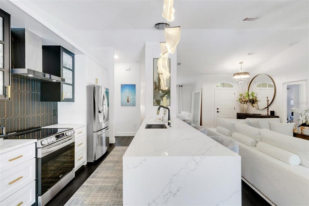Interior, Kitchen, Living room, Pendant Lights, Recessed Lighting, Stainless Steel Appliances, Wood Texture Flooring
