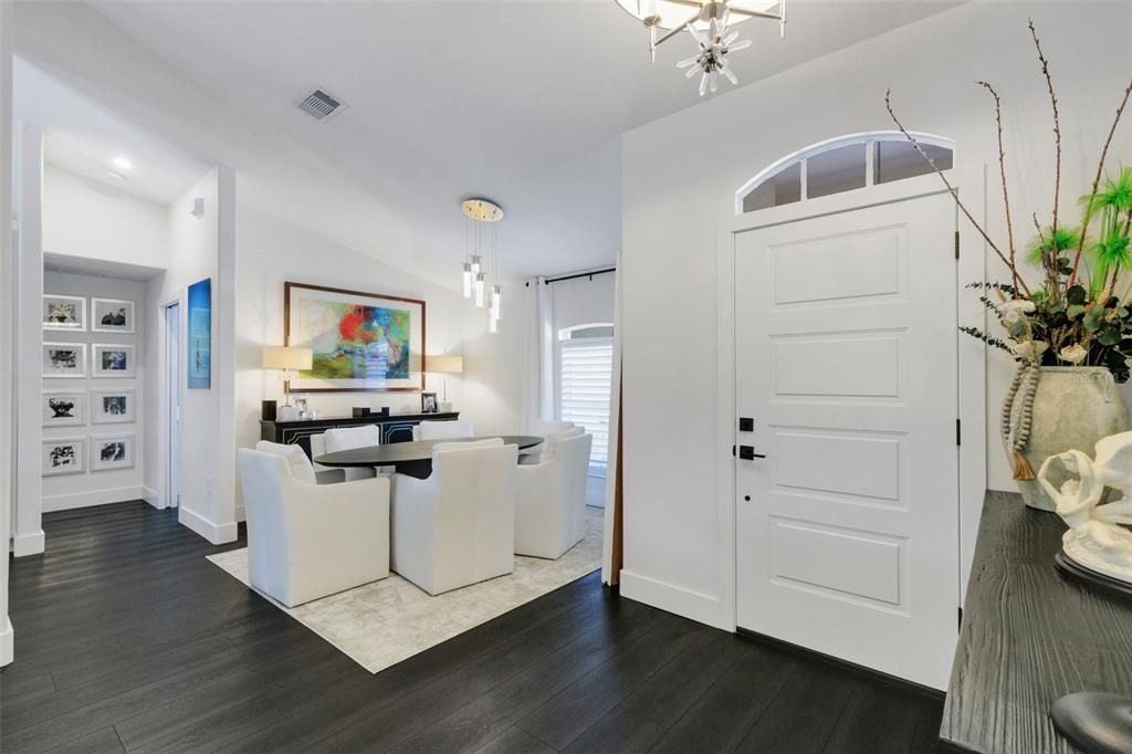 Dining room, Interior, Pendant Lights, Recessed Lighting, Wood Texture Flooring