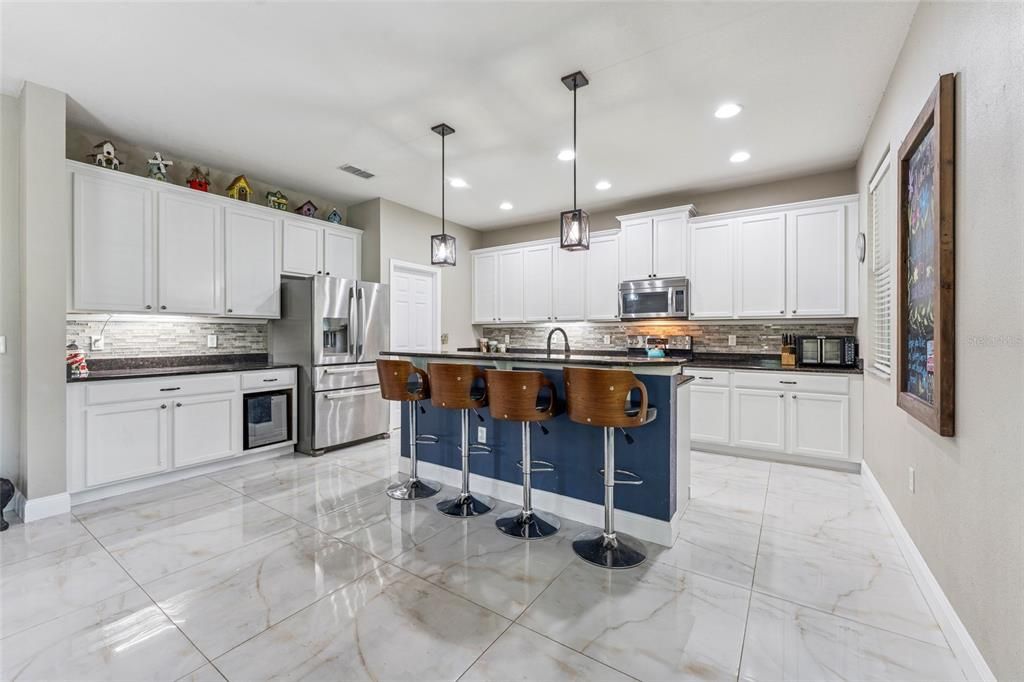 Interior, Kitchen, Marble, Pendant Lights, Recessed Lighting, Stainless Steel Appliances