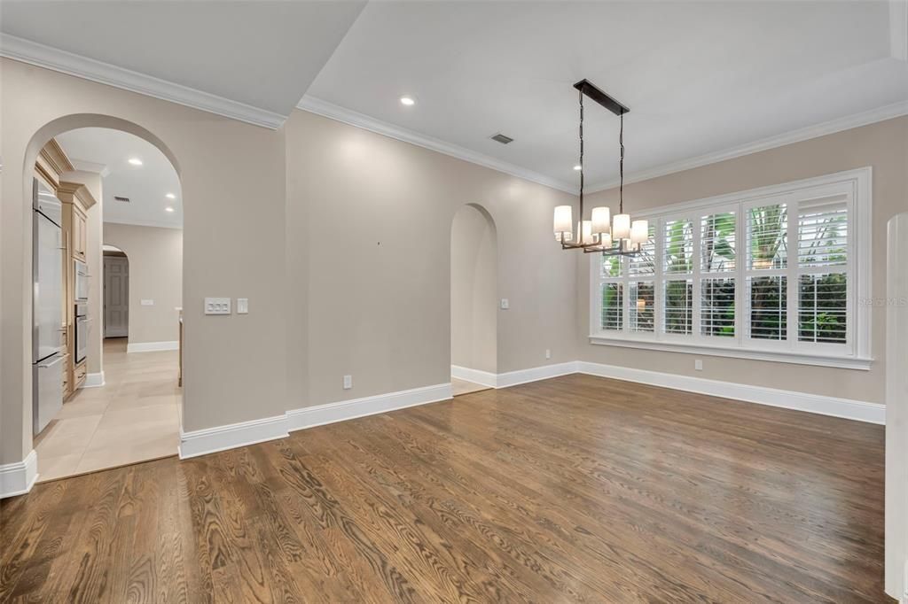 Chandelier, Empty room, Interior, Pendant Lights, Recessed Lighting, Wood Texture Flooring