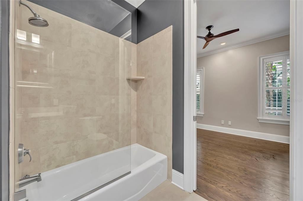 Bathroom, Glass Shower, Interior, Recessed Lighting, Wood Texture Flooring
