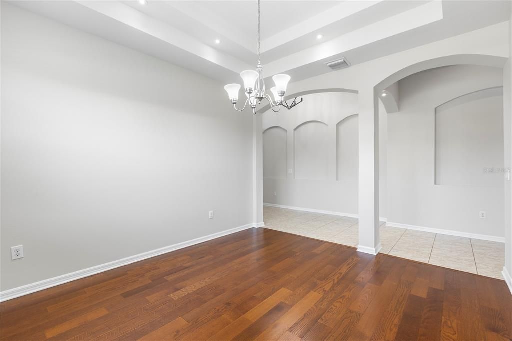 Chandelier, Empty room, Interior, Recessed Lighting, Wood Texture Flooring