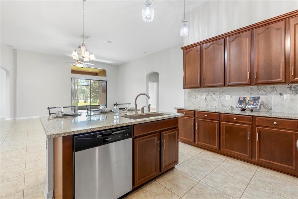 Interior, Kitchen, Marble Walls, Pendant Lights