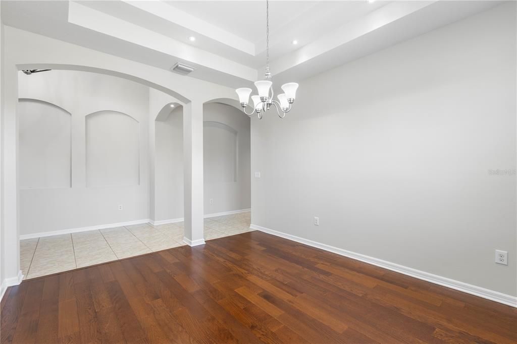 Chandelier, Empty room, Interior, Recessed Lighting, Wood Texture Flooring
