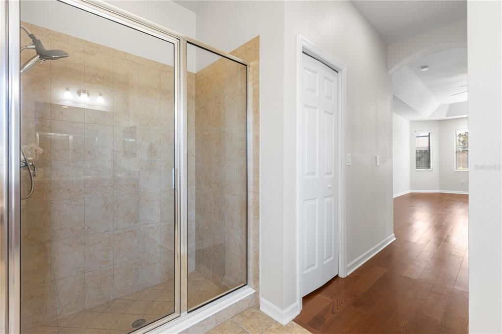 Bathroom, Glass Shower, Interior, Wood Texture Flooring