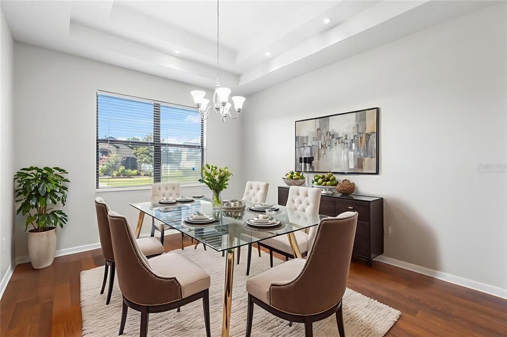 Chandelier, Dining room, Interior, Recessed Lighting, Wood Texture Flooring