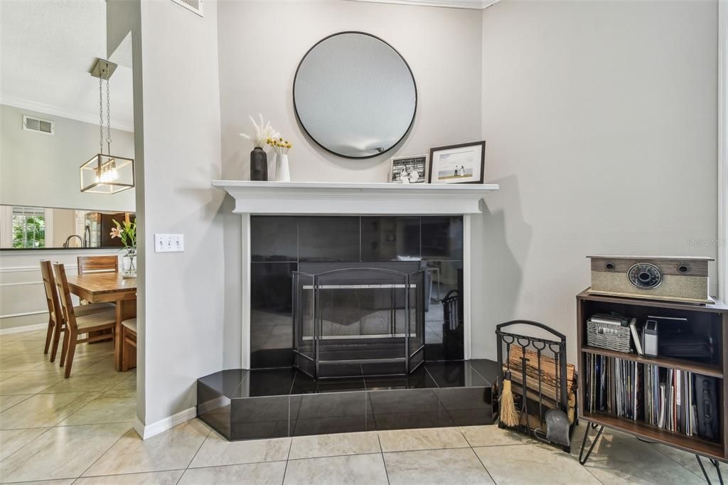 Dining room, Fireplace, Interior, Pendant Lights