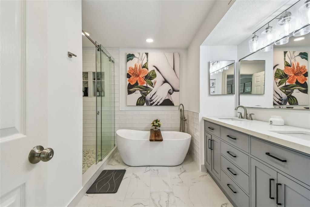 Bathroom, Dual Sink Vanities, Free Standing Baths, Glass Shower, Interior, Marble, Recessed Lighting