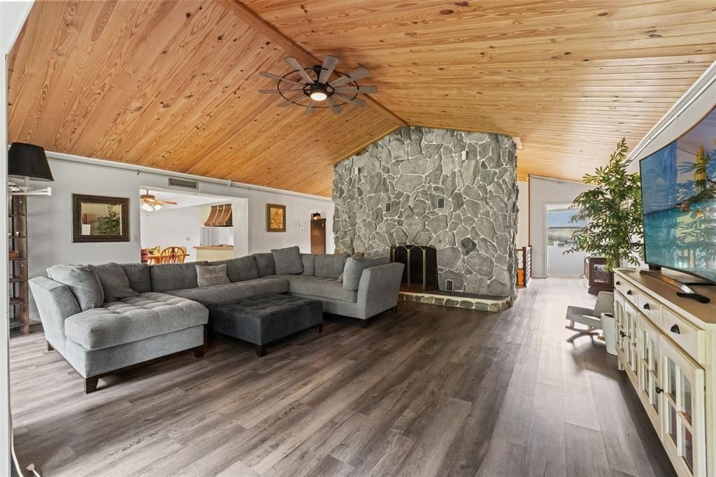 Fireplace, Interior, Living room, Stone Walls, Wooden Ceilings, Wood Texture Flooring