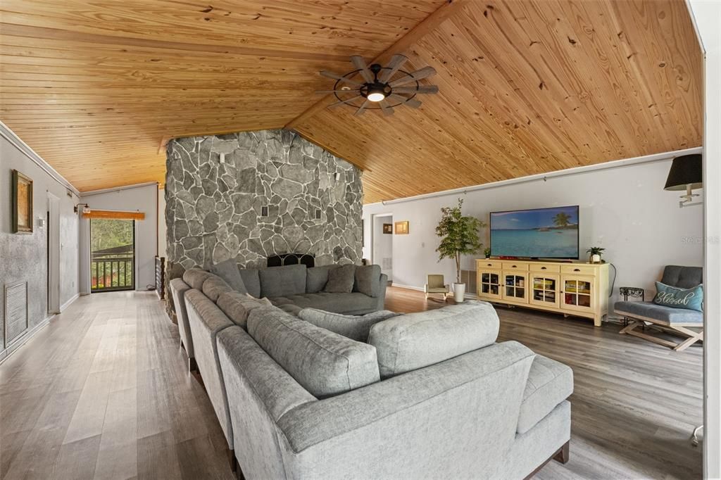 Fireplace, Interior, Living room, Stone Walls, Wooden Ceilings, Wood Texture Flooring