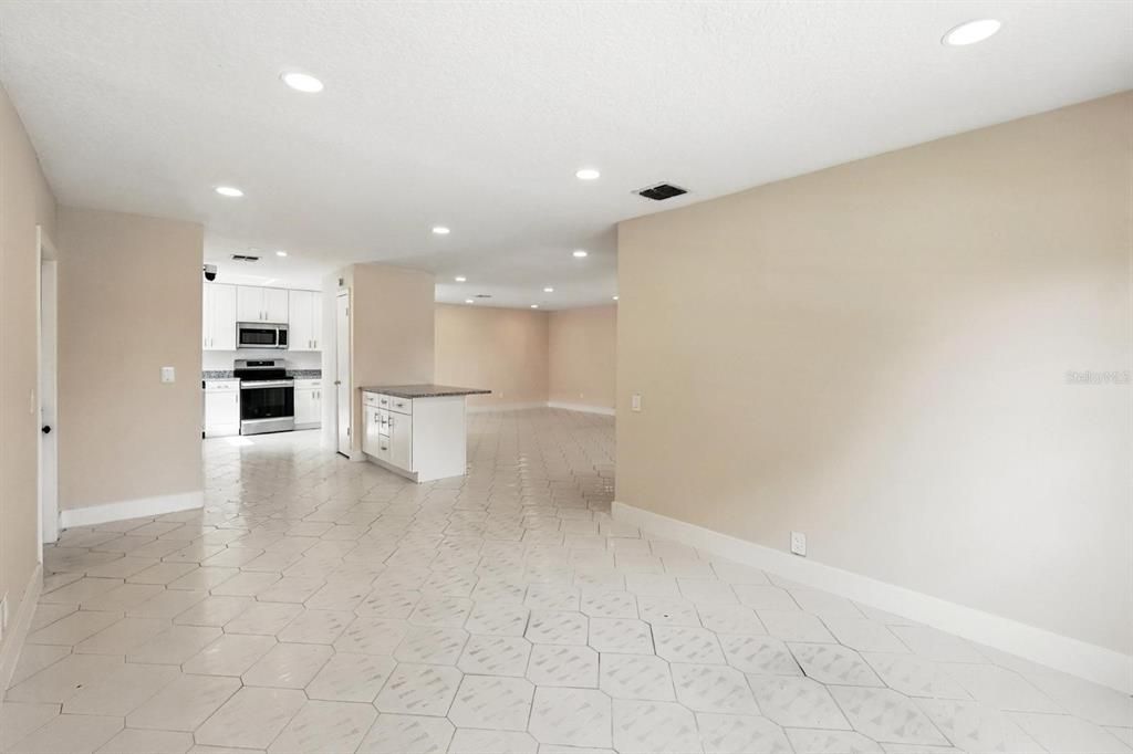 Empty room, Interior, Kitchen, Marble, Recessed Lighting, Stainless Steel Appliances