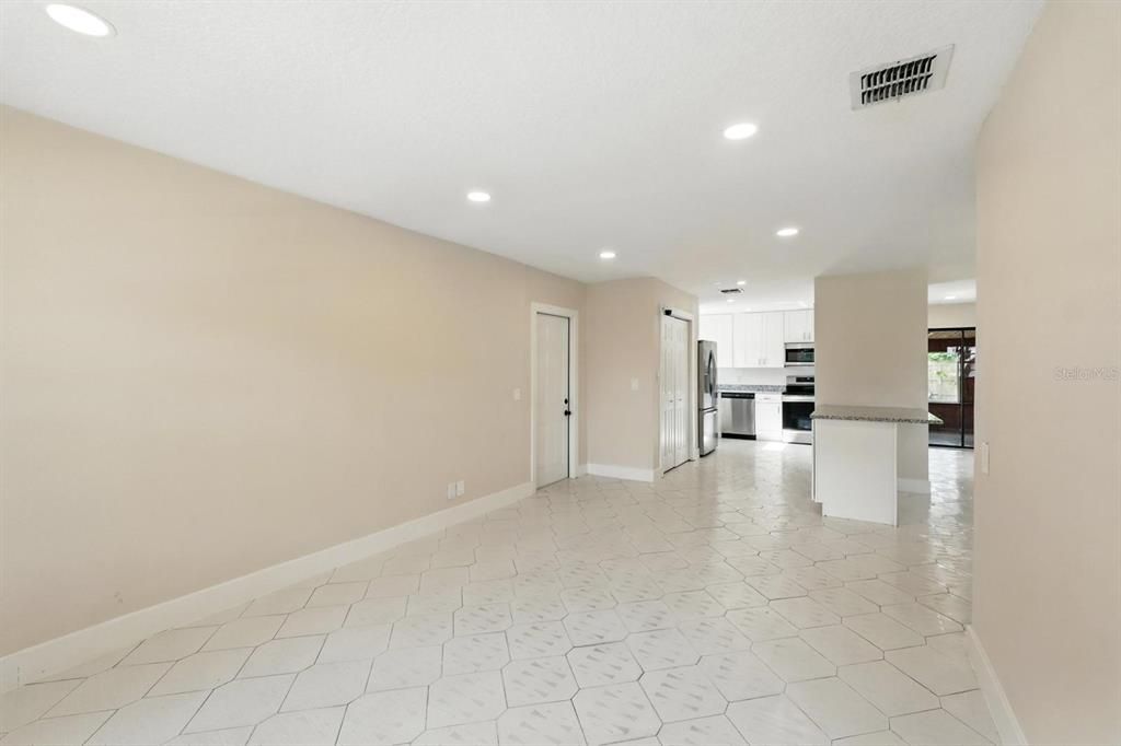 Empty room, Interior, Kitchen, Marble, Recessed Lighting, Stainless Steel Appliances