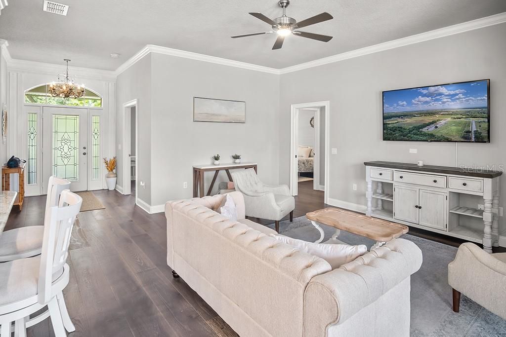Chandelier, Interior, Living room, Wood Texture Flooring