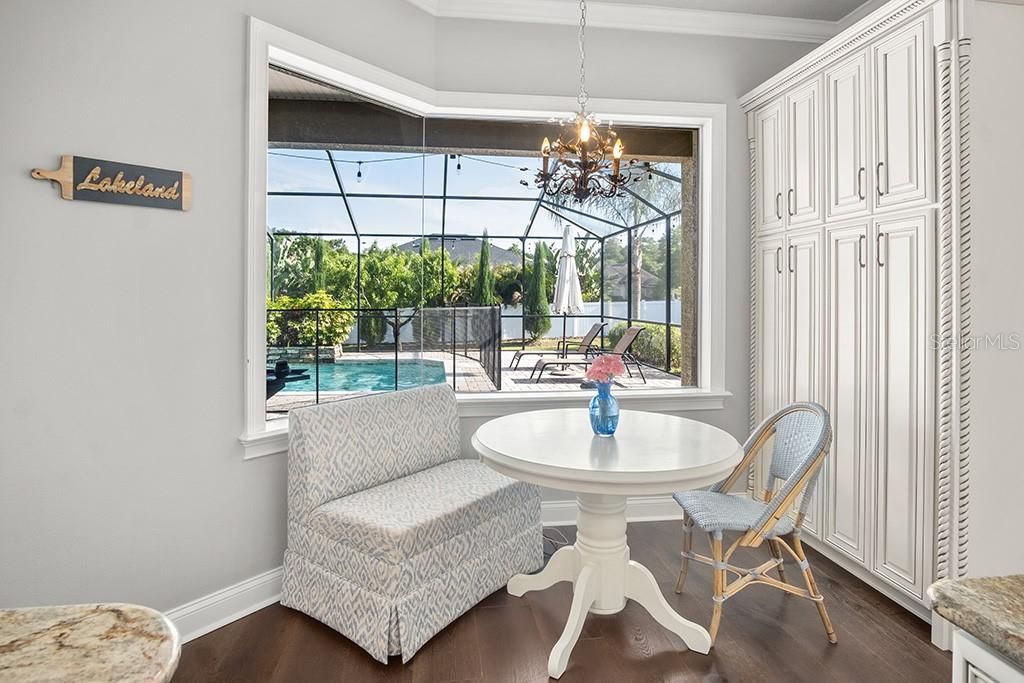 Chandelier, Dining room, Interior, Pool, Sun Room, Wood Texture Flooring