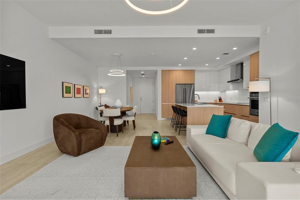 Dining room, Interior, Kitchen, Living room, Pendant Lights, Recessed Lighting, Stainless Steel Appliances, Wood Texture Flooring