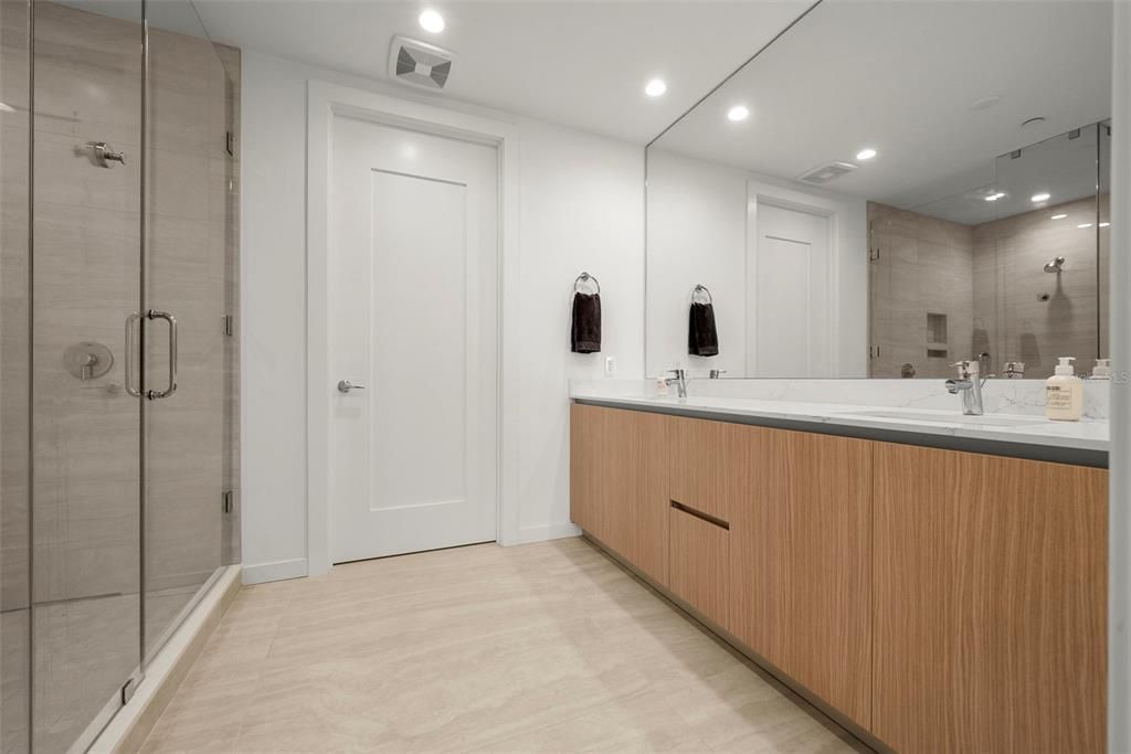 Bathroom, Dual Sink Vanities, Glass Shower, Interior, Recessed Lighting