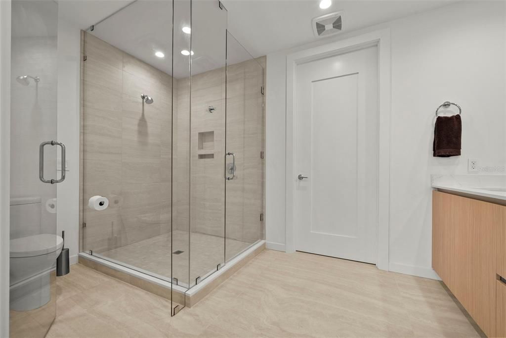 Bathroom, Glass Shower, Interior, Recessed Lighting