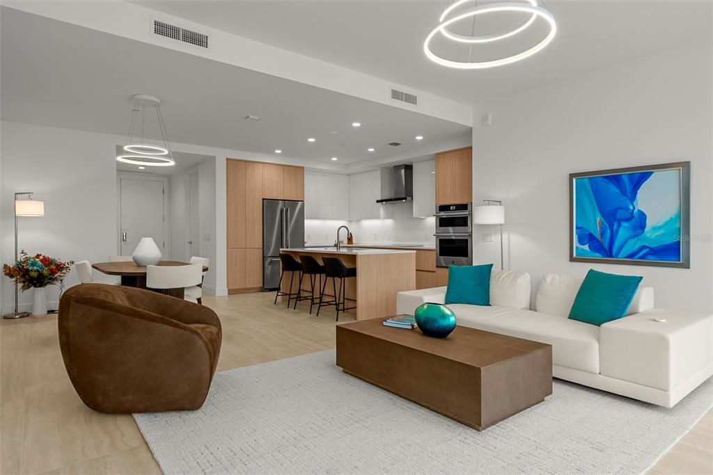 Dining room, Interior, Kitchen, Living room, Pendant Lights, Recessed Lighting, Stainless Steel Appliances, Wood Texture Flooring